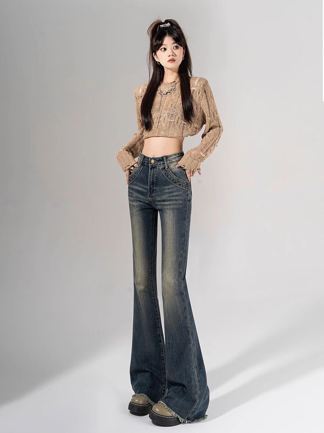 復古高腰微喇牛仔褲女2023秋季新款修身彈力闊腿顯瘦馬蹄褲喇叭褲
