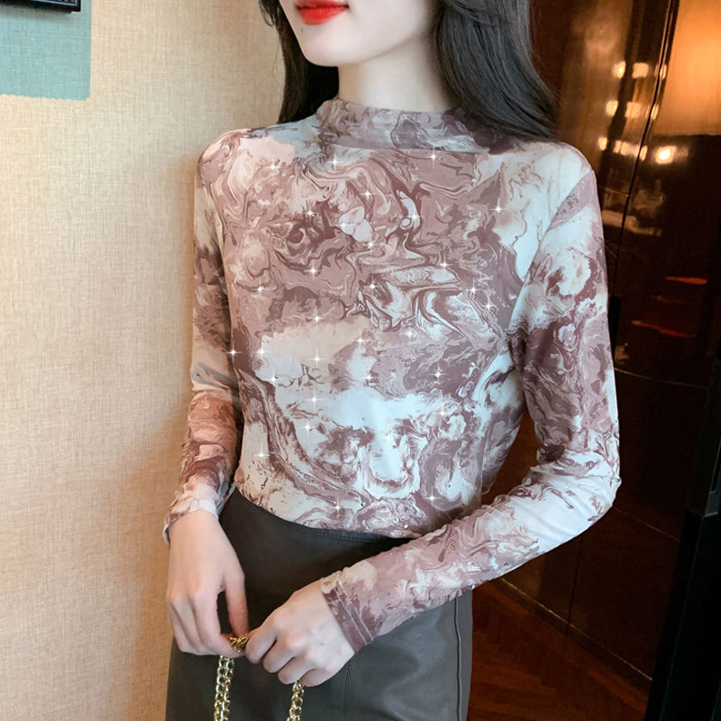 印花中領加絨打底衫女秋冬2023新款長袖內搭網紗上衣洋氣燙鑽小衫