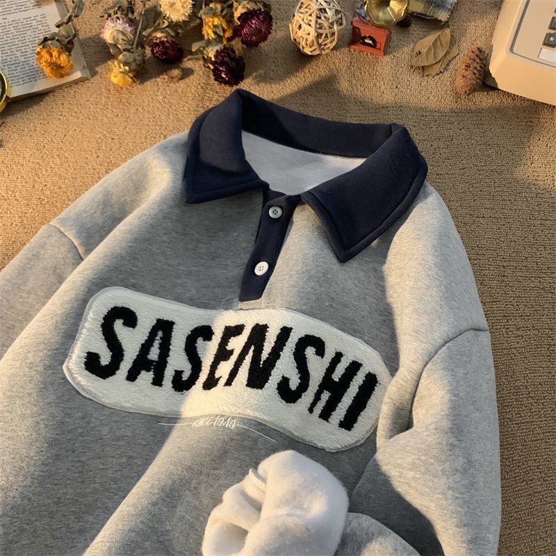 polo shirt sweatshirt men's autumn and winter American oversize heavy college style embroidered loose velvet lapel jacket