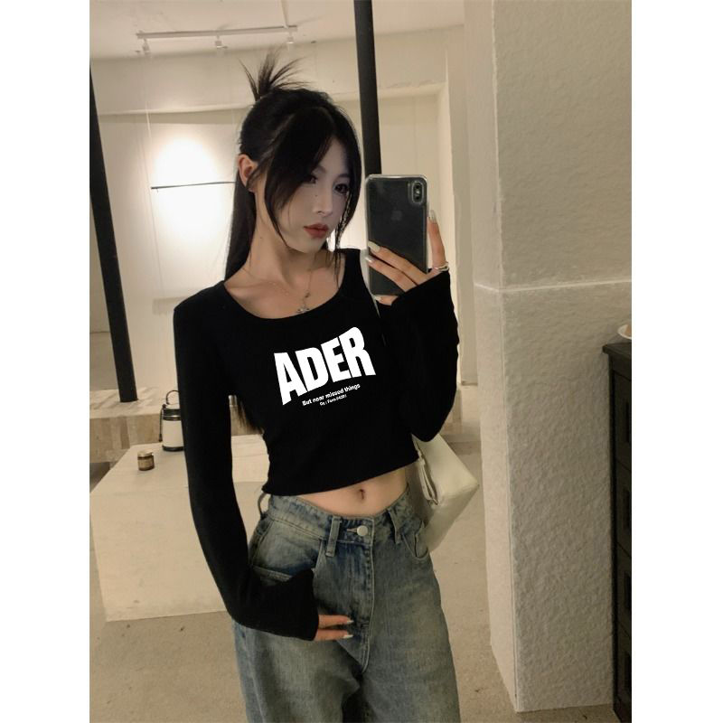 Pure lust hottie U-neck long-sleeved T-shirt for women in autumn high-waisted navel-baring black inner-layer shirt slim-fitting short top