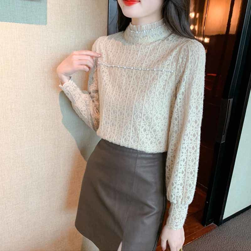 半高領加絨蕾絲打底衫女秋冬季2023新款內搭上衣洋氣別致漂亮小衫