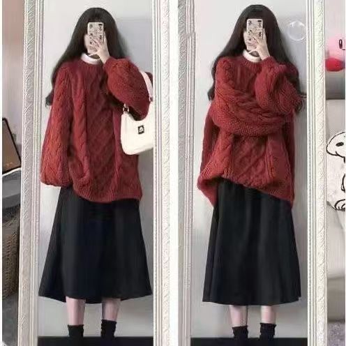 秋冬紅色毛衣女2023寬鬆針織衫慵懶麻花美拉德穿搭高級新款上衣