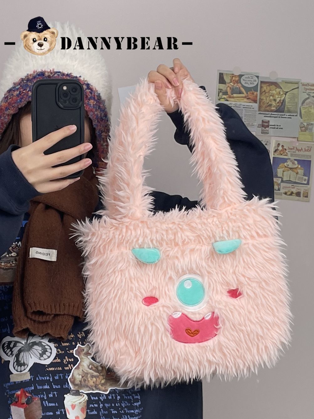 Cute little monster cartoon plush bag large capacity female student shoulder handbag tote bag gift ins style
