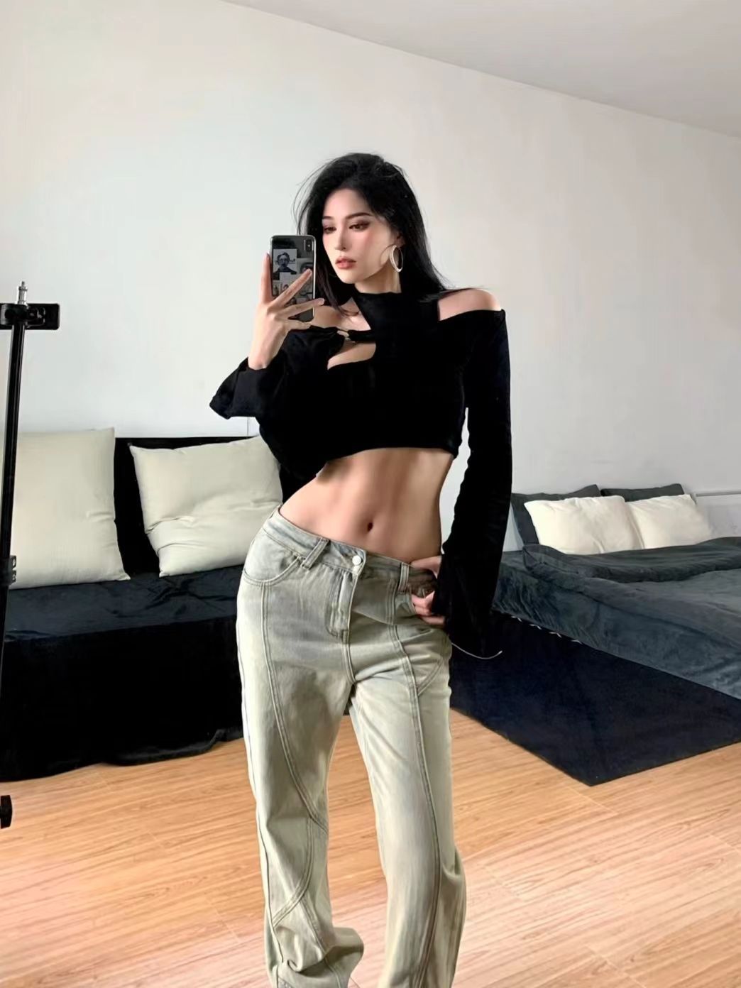 潮牌美式復古黃泥染牛仔褲女秋冬2023新款高腰寬鬆顯瘦直筒長褲子