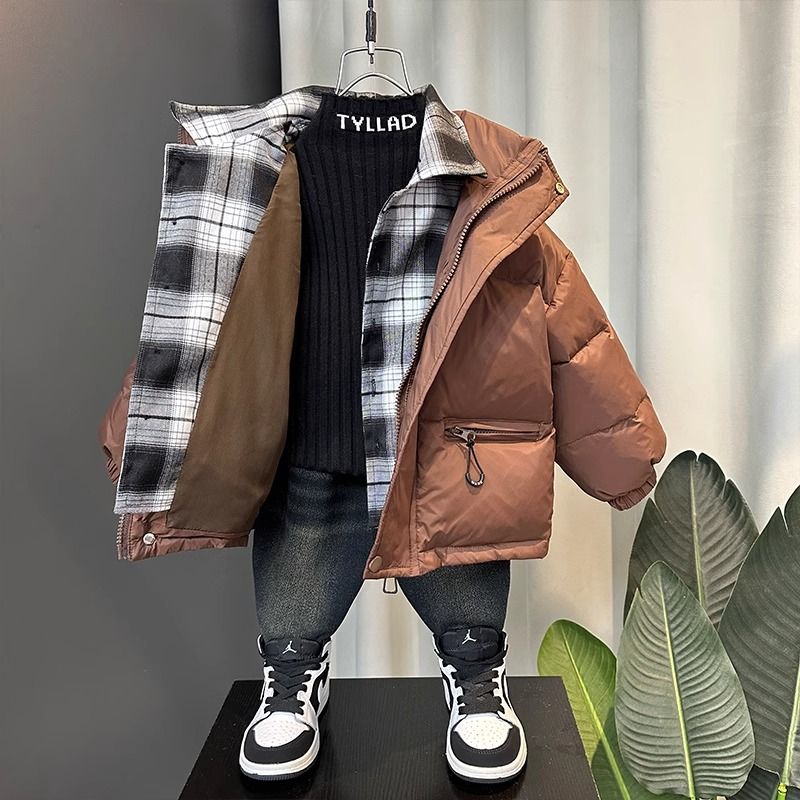 童裝男童羽絨服冬季2023新款假兩件外套寶寶冬裝格子棉衣兒童加厚