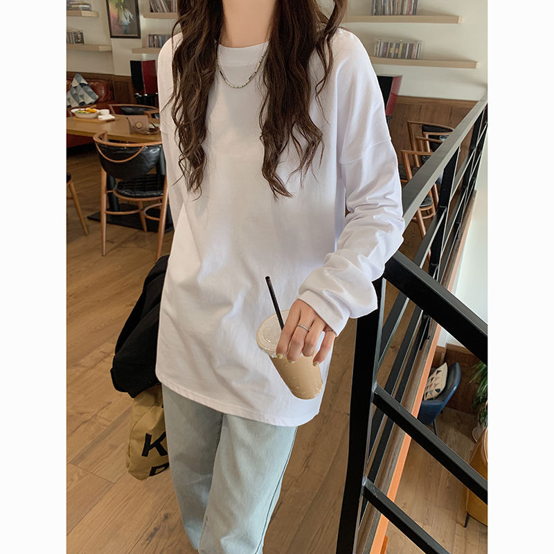 100%純棉長袖t恤女寬鬆ins風白色打底衫內搭圓領上衣男女簡約百搭