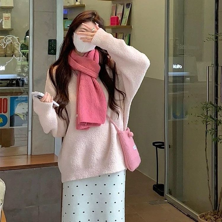 甜美溫柔風長袖圓領套頭上衣女秋冬寬鬆百搭小個子外穿毛衣