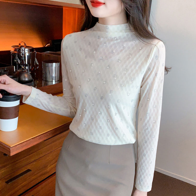 半高領氣質打底衫女長袖燙鑽T恤秋冬季新款時髦洋氣加絨網紗上衣