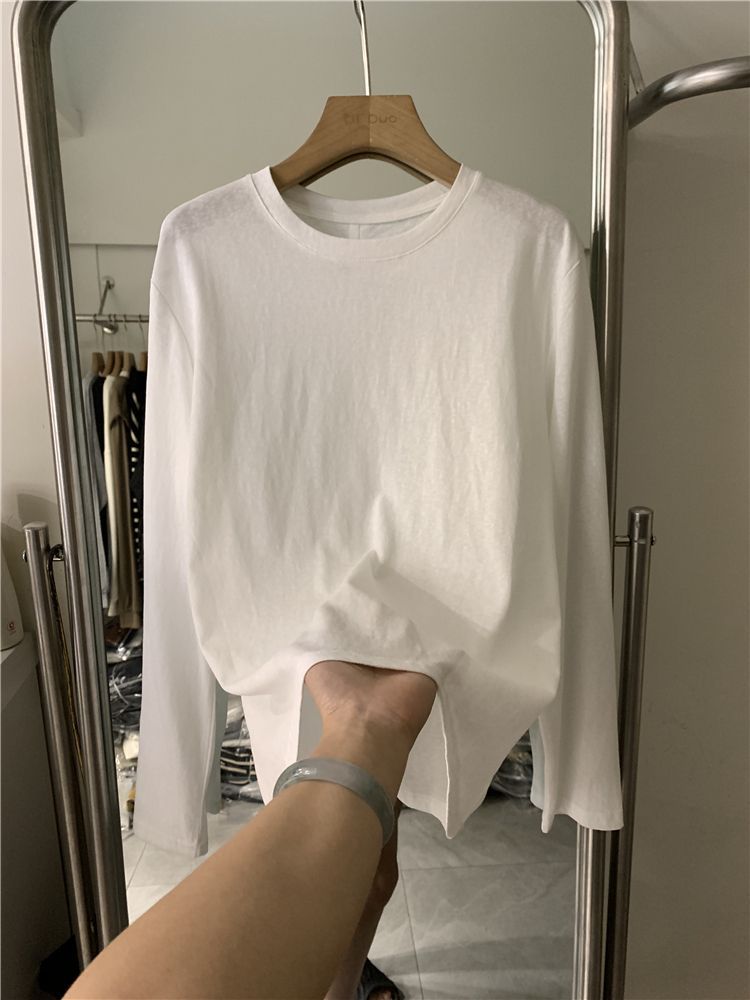 100%純棉白色打底衫女春秋新款長袖內搭韓版寬鬆洋氣圓領T恤上衣