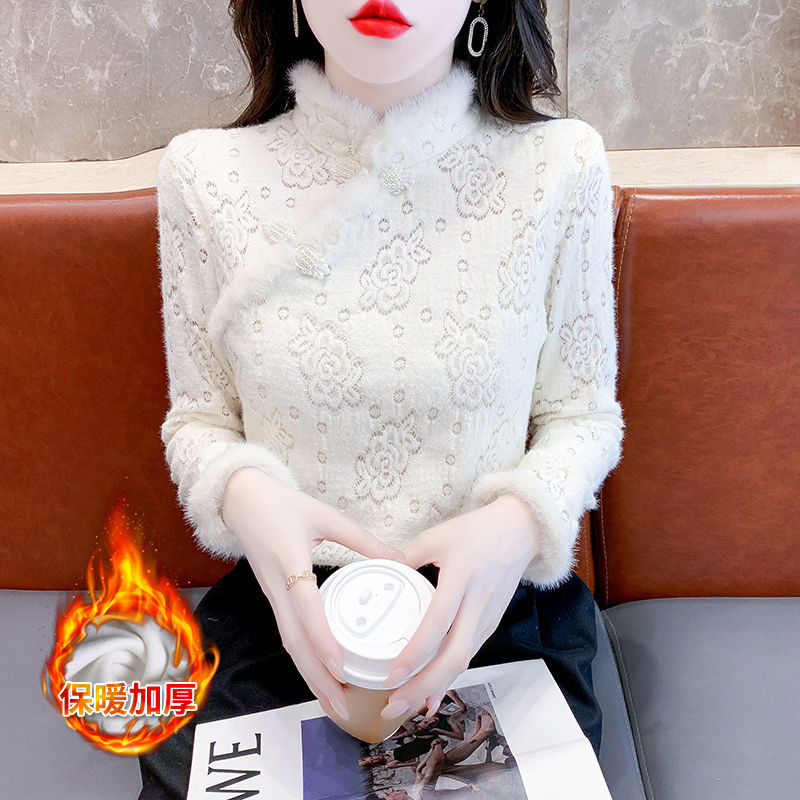 新中式國風盤扣加絨蕾絲打底衫女秋冬別致漂亮毛絨立領小衫上衣服