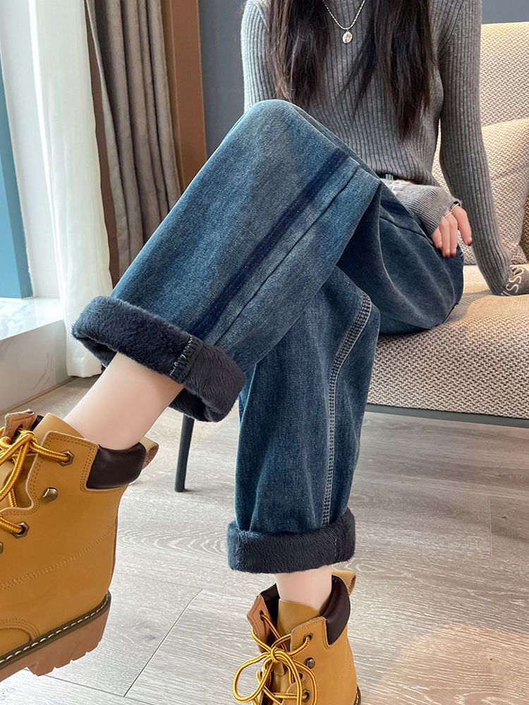 加絨牛仔褲女直筒寬鬆大碼2023秋冬新款高腰冬季加厚闊腿老爹褲子