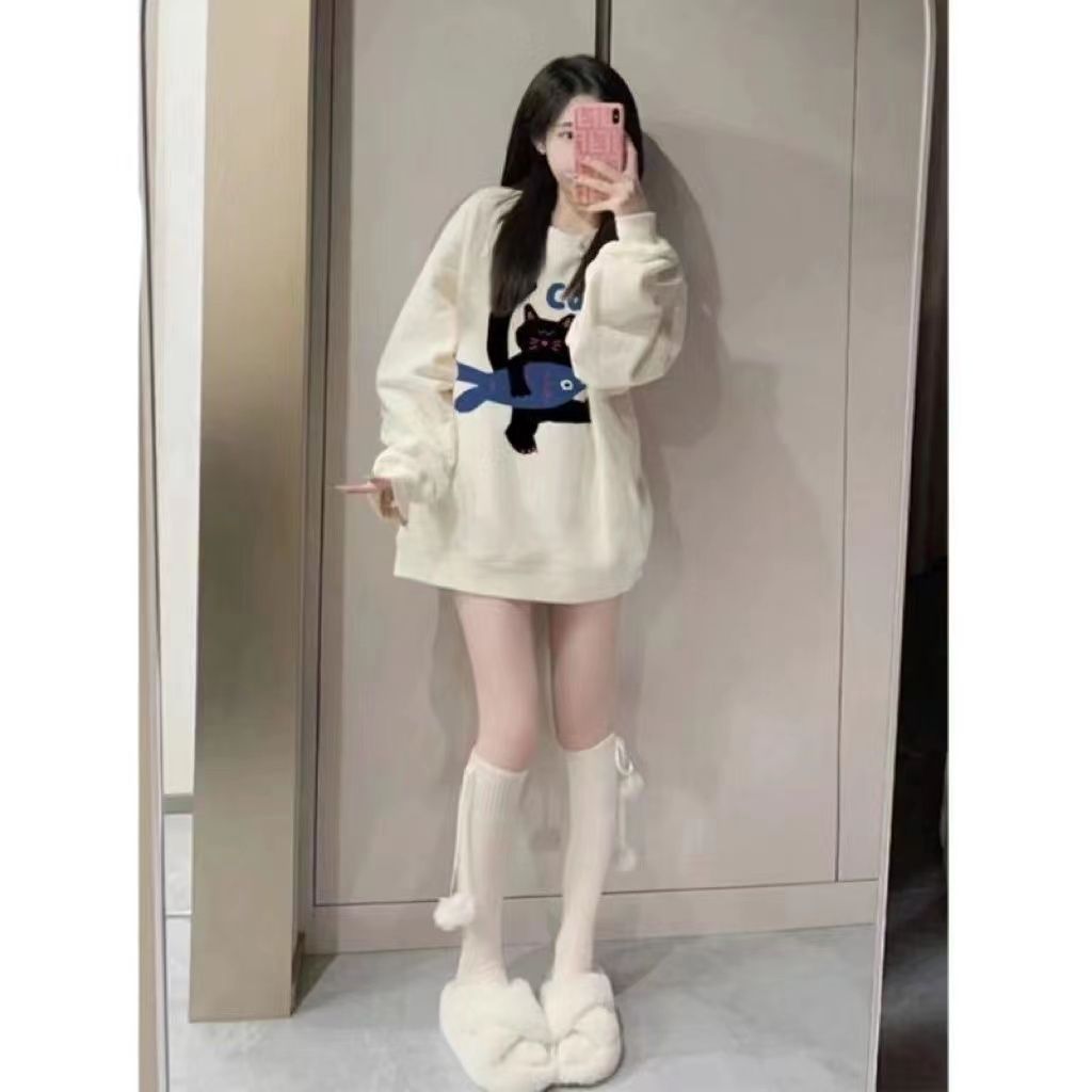 甜美可愛貓咪印花小眾圓領衛衣女秋冬新款洋氣寬鬆百搭情侶上衣潮