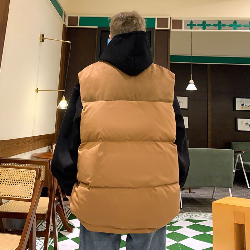 American retro splicing cotton coat vest for men in winter half-high collar high school student cotton coat thickened warm bread coat