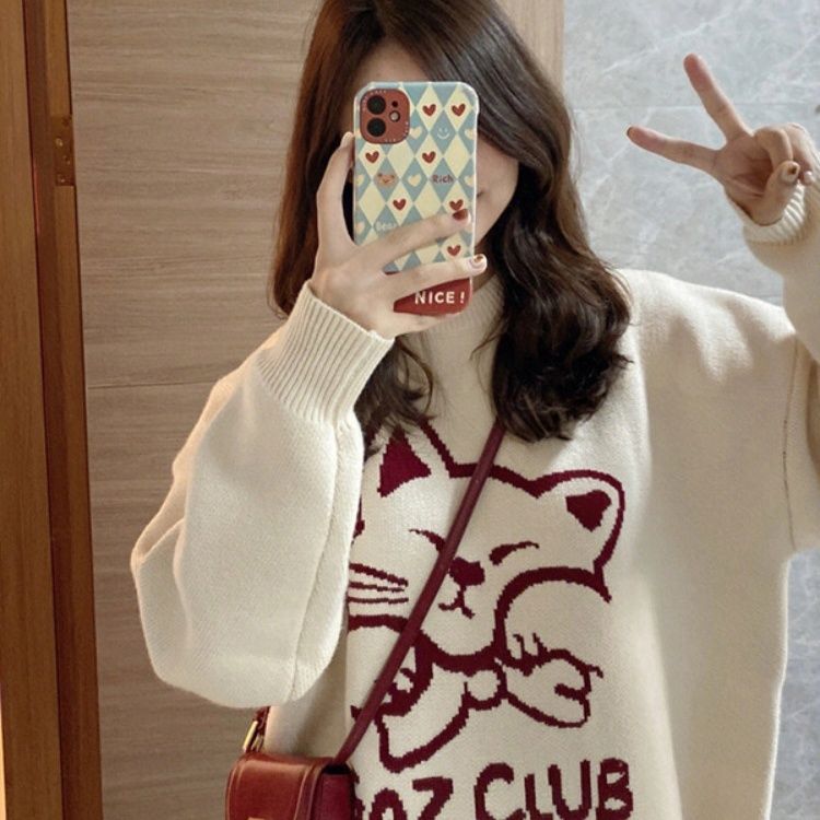 韓系慵懶風套頭毛衣女秋冬寬鬆設計感溫柔加厚圓領外穿打底針織衫