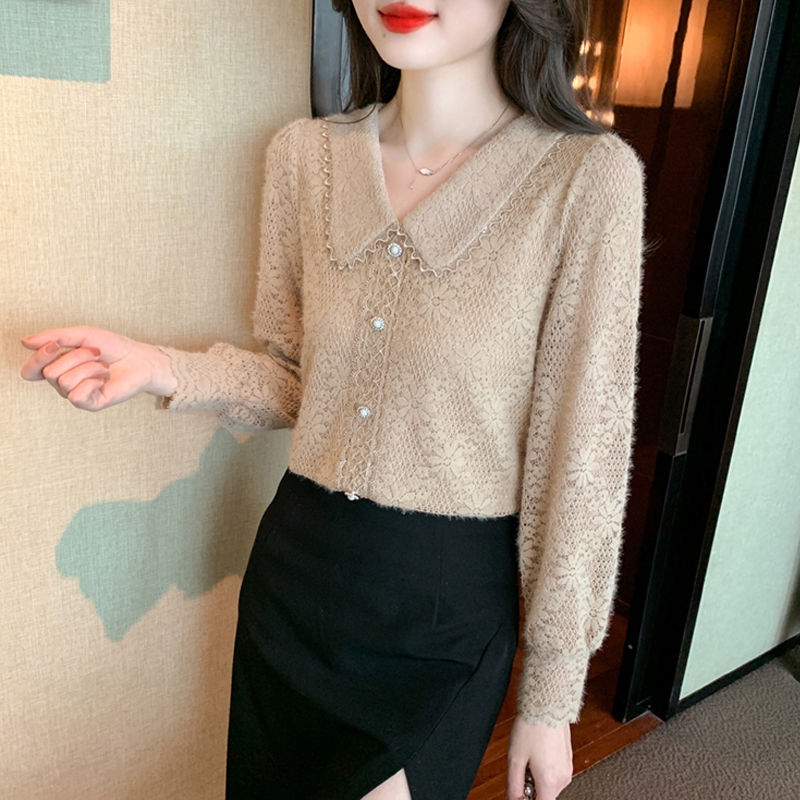 娃娃領襯衫女2023秋冬季新款加絨加厚蕾絲打底衫別致漂亮磨毛上衣