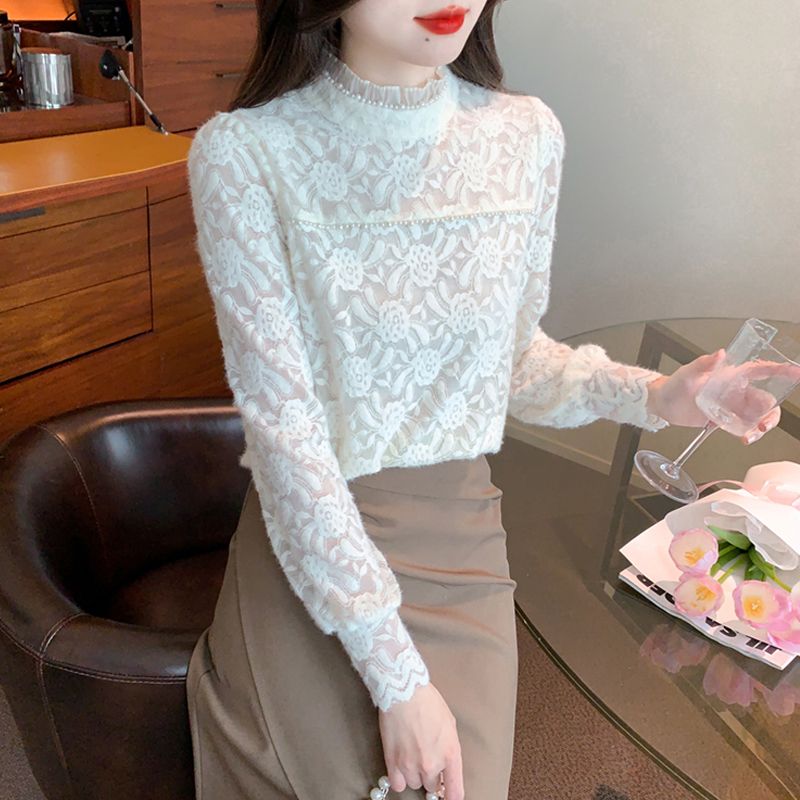 半高領蕾絲打底衫女秋冬內搭2023新款加絨加厚上衣高級感洋氣小衫
