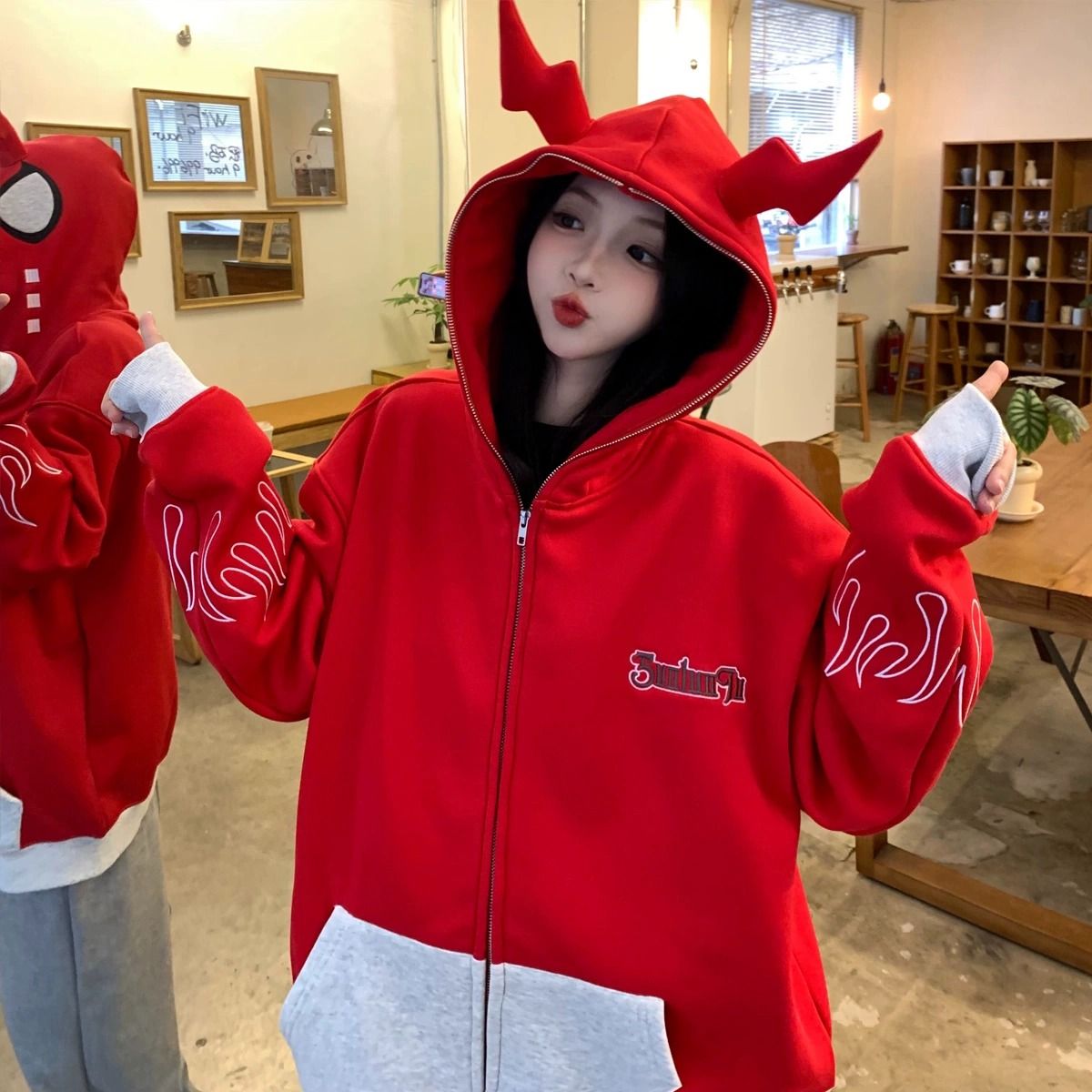 美式聖誕新年戰袍小惡魔角連帽衛衣男女冬季潮牌高街百搭開衫外套