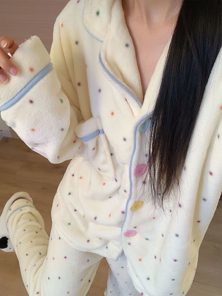 韓系少女甜美彩色圓點珊瑚絨睡衣女冬季軟糯毛絨絨家居服大碼套裝