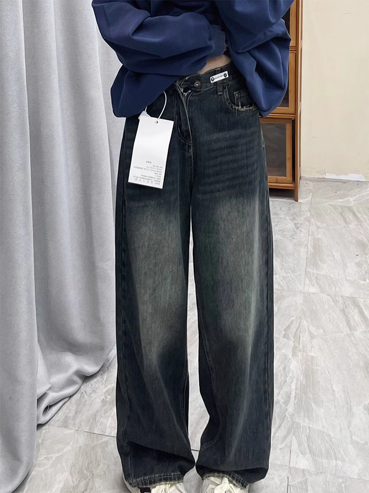 水洗高腰闊腿牛仔褲女冬季新款梨形身材寬鬆顯瘦百搭直筒拖地褲子