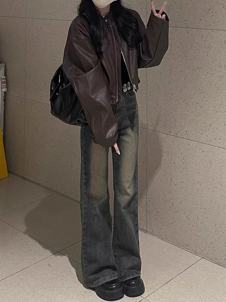 復古微喇叭牛仔褲女冬季新款做舊彈力修身顯瘦百搭不貼腿直筒褲子