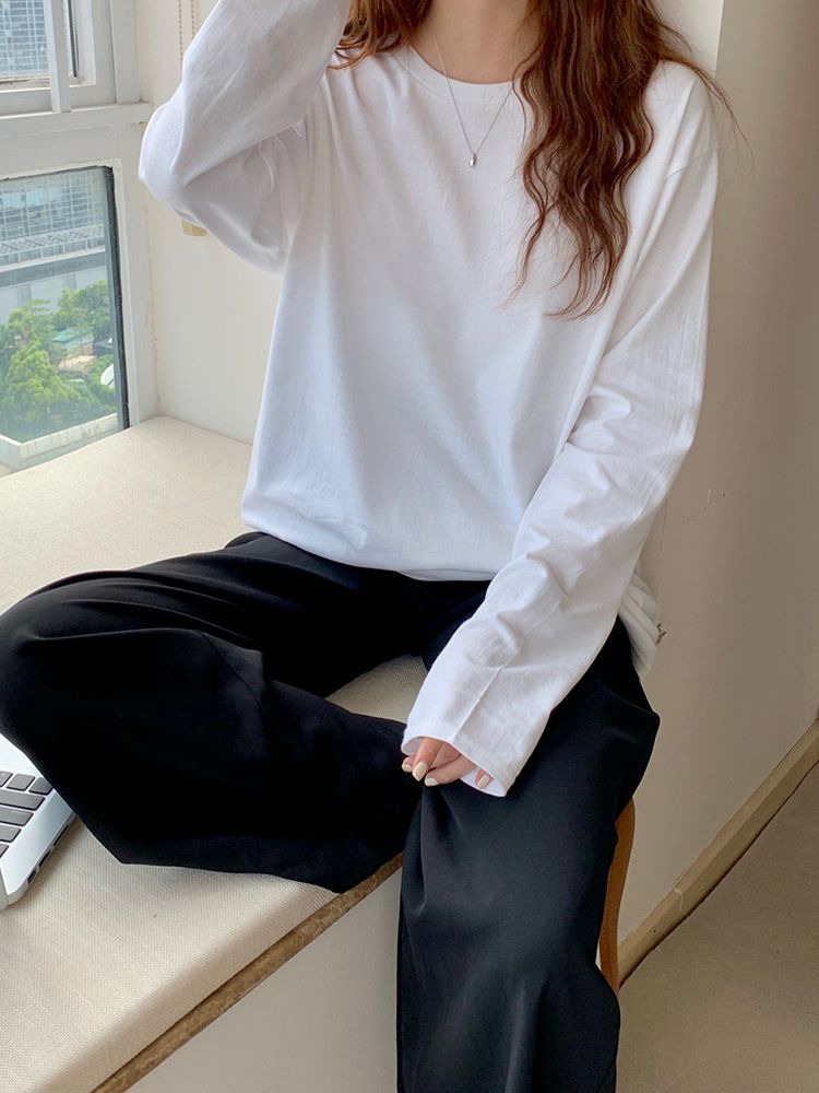 100%純棉上衣打底衫女春秋韓版2023新款寬鬆百搭白色長袖t恤內搭