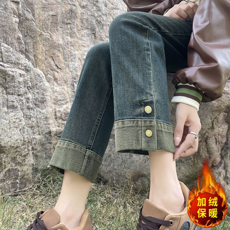 水泥灰撞色加絨牛仔褲女2023年新款秋冬小個子直筒寬鬆高腰煙管褲