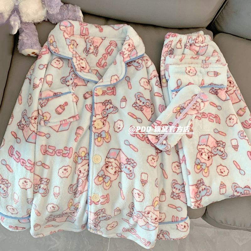 2023年新款珊瑚絨睡衣女秋冬加厚毛絨法蘭絨卡通美樂蒂家居服套裝