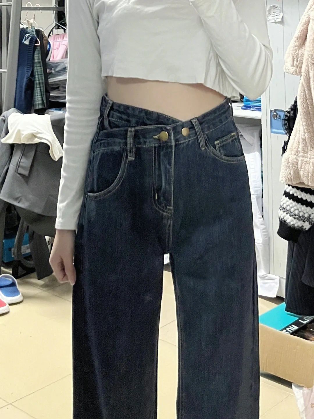設計感復古牛仔褲女直筒寬鬆高腰春秋季2023爆款小個子窄版闊腿褲