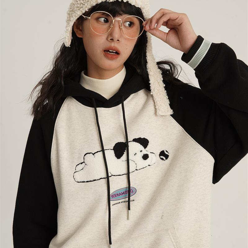 oddmake日系r可愛小趴狗加絨衛衣女冬季潮寬鬆拼色設計感小眾上衣
