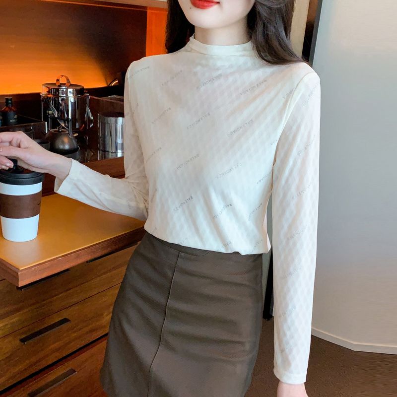 半高領打底衫女士秋冬2023新款燙鑽洋氣t恤上衣蕾絲內搭加絨小衫