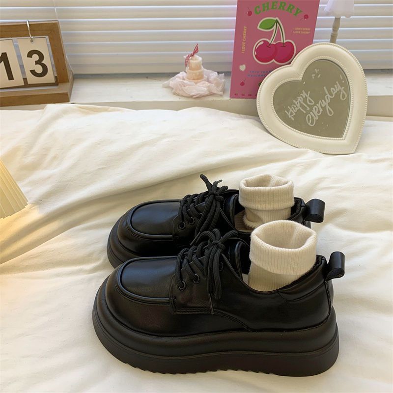 松糕厚底軟皮小皮鞋女2023春秋季新款白色英倫風圓頭百搭日系單鞋