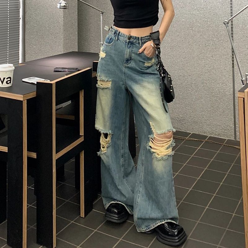 小個子辣妹破洞直筒牛仔褲美式復古設計寬鬆拖地高腰顯瘦闊腿褲子
