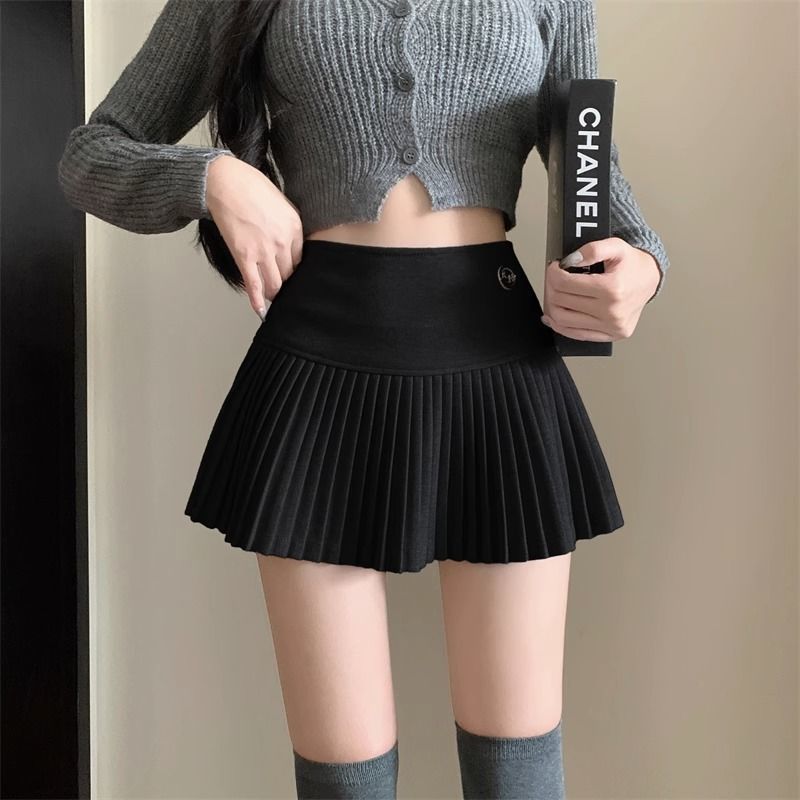 American Hot Girl Woolen Pleated Skirt Women's Autumn and Winter New Commuting White Skirt High Waist Slimming A-Line Short Skirt