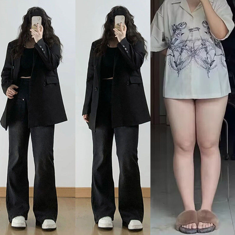 大碼胖mm美式復古微喇牛仔褲女秋冬高腰設計感小眾寬鬆直筒褲子潮