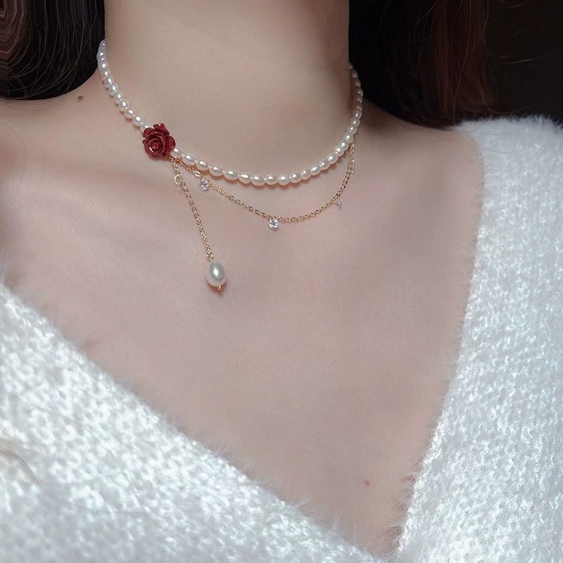 玫瑰花朵锆石珍珠项链韩式小众设计感ins风颈链锁骨链气质项饰女