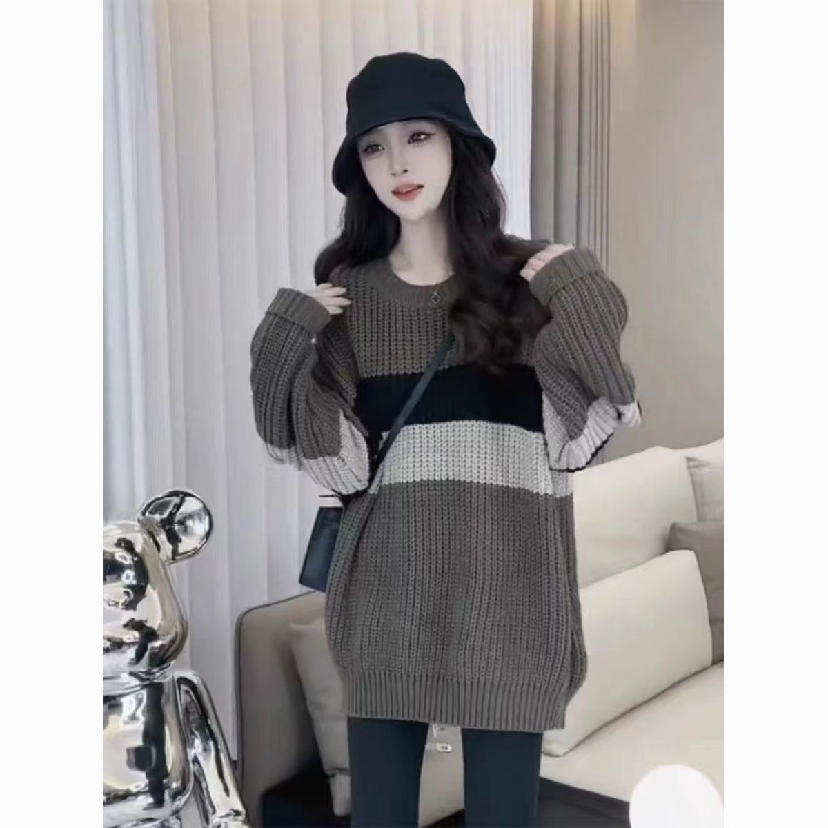 Autumn and winter new style Internet celebrity Korean style outer wear pullover, loose, versatile, comfortable, casual, gentle, lazy style, color-blocked sweater for women