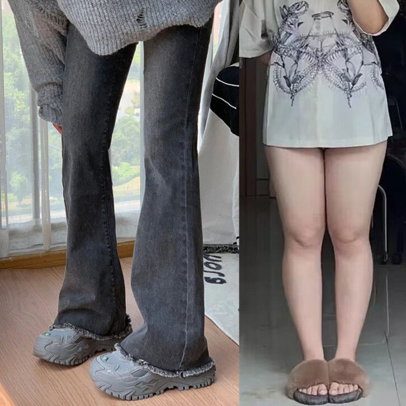 梨形身材毛邊微喇牛仔褲女秋冬新款大碼胖mm顯瘦喇叭彈力馬蹄褲子
