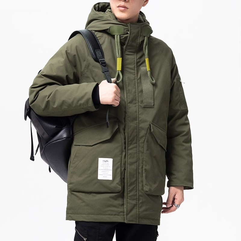Winter men's cotton heavyweight trendy brand military green workwear mid-length thickened warm hooded cold-proof comfortable jacket