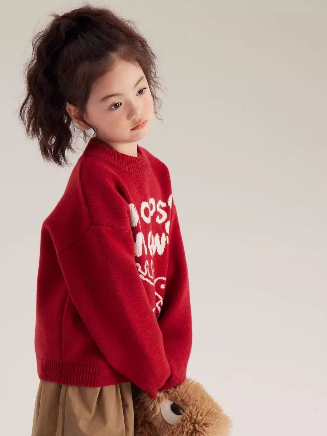 Girls versatile pullover sweater  winter new style Christmas and New Year deer plus velvet thickened round neck knitted top