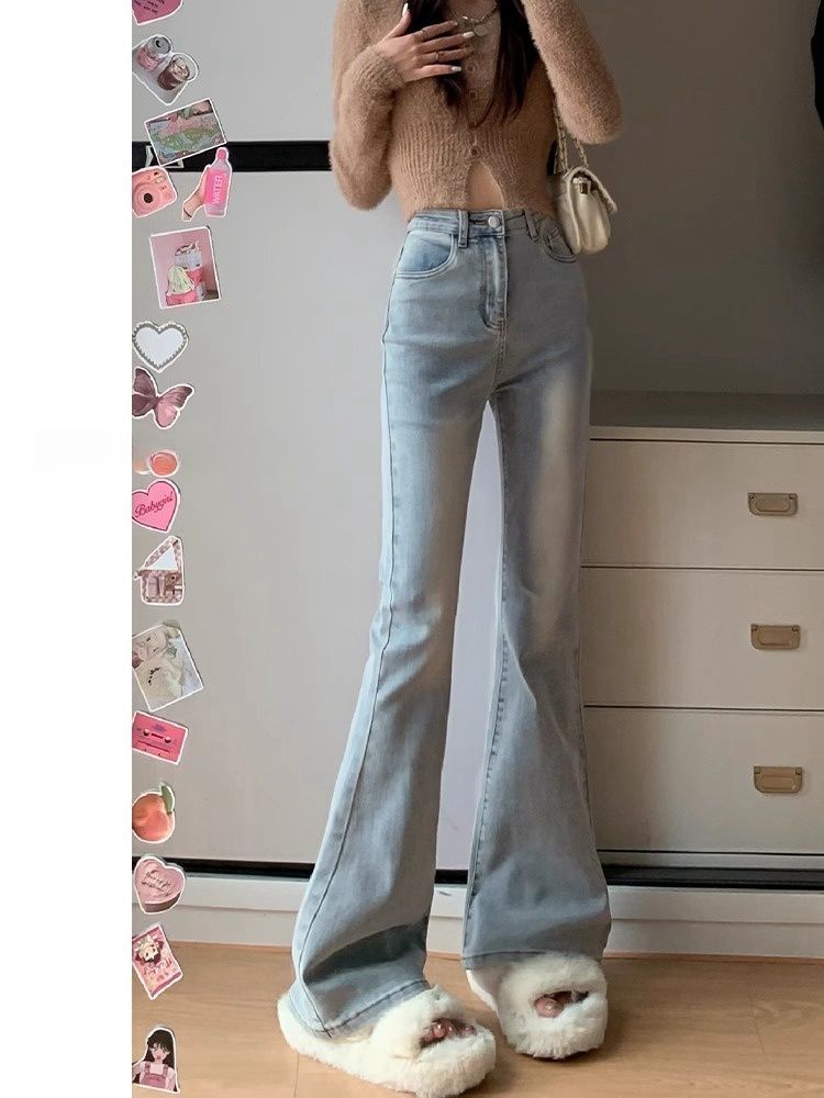 美式復古淺色加長微喇牛仔褲女秋冬新款高腰彈力顯瘦馬蹄喇叭褲子