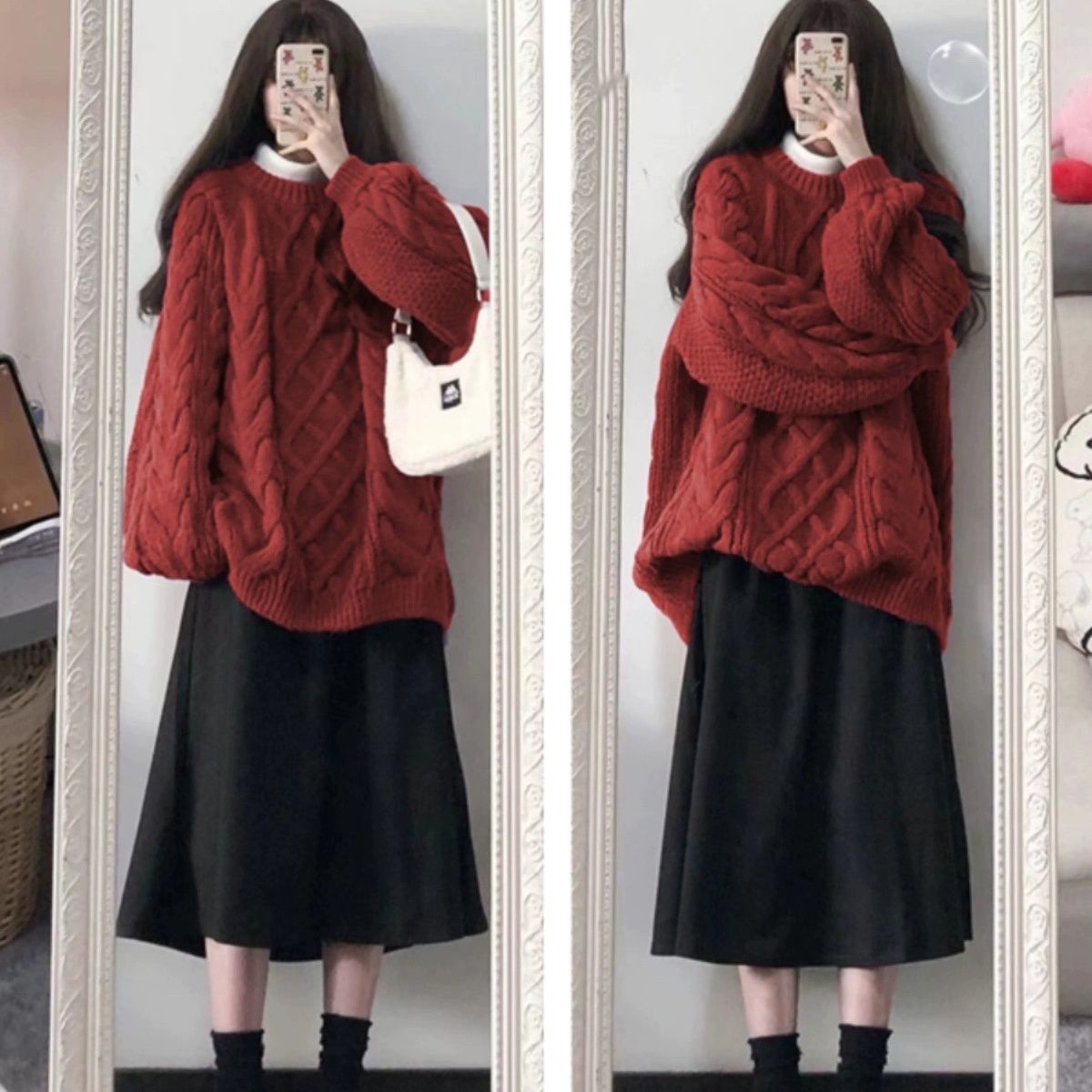 法式高级红色针织圆领套头毛衣女2023年秋冬季新款中长款宽松毛衣