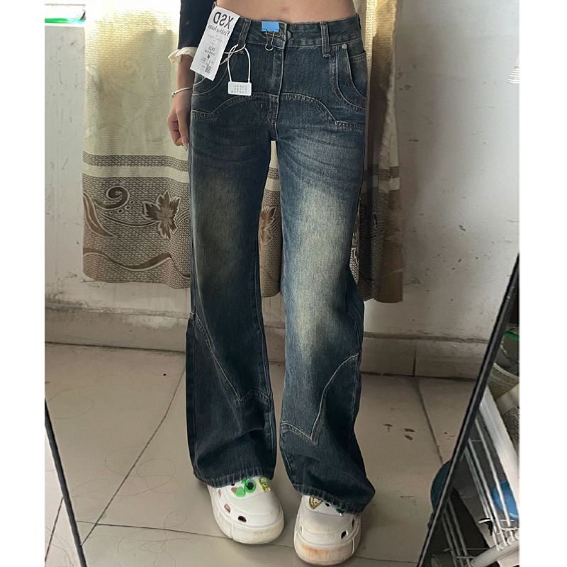 不貼腿微喇牛仔褲女小個子復古高腰直筒褲子闊腿喇叭褲拖地長褲潮