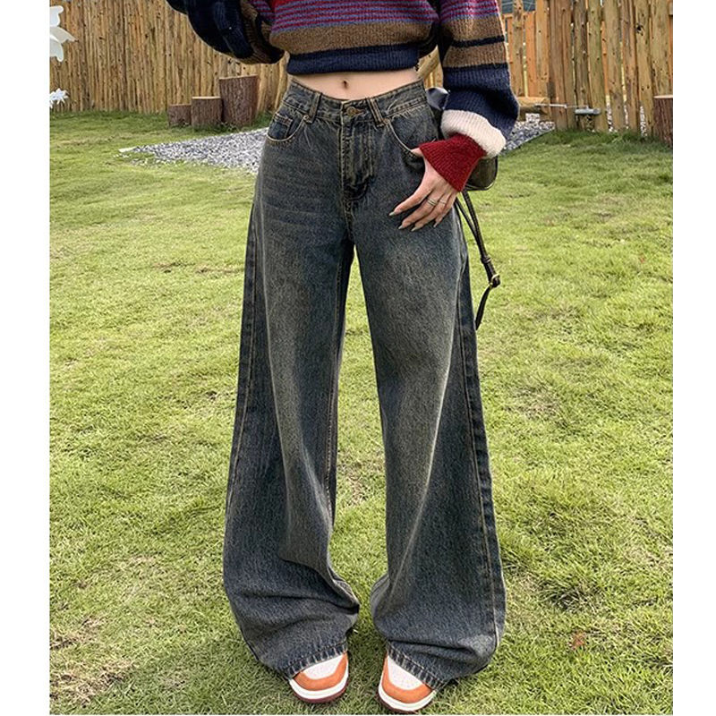美式復古高腰垂感牛仔褲女小個子直筒寬鬆顯瘦闊腿拖地長褲ins潮