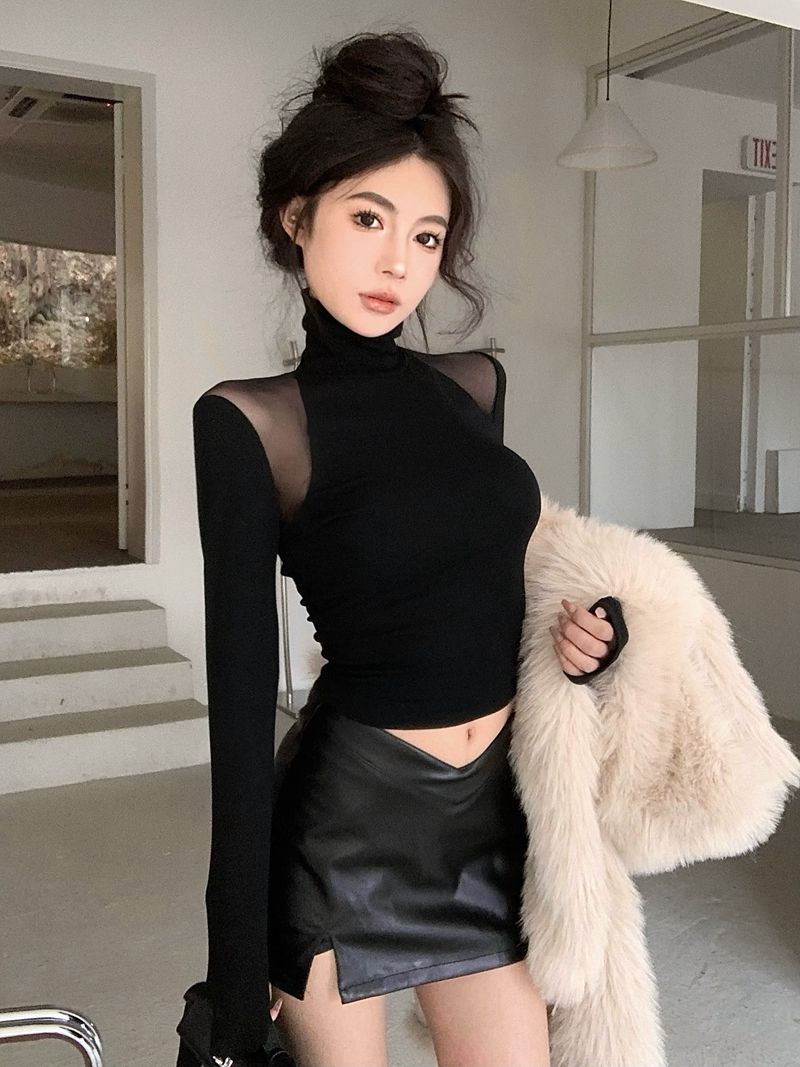 網紗拼接高領打底衫小眾長袖T恤女冬季黑色短款修身保暖內搭上衣