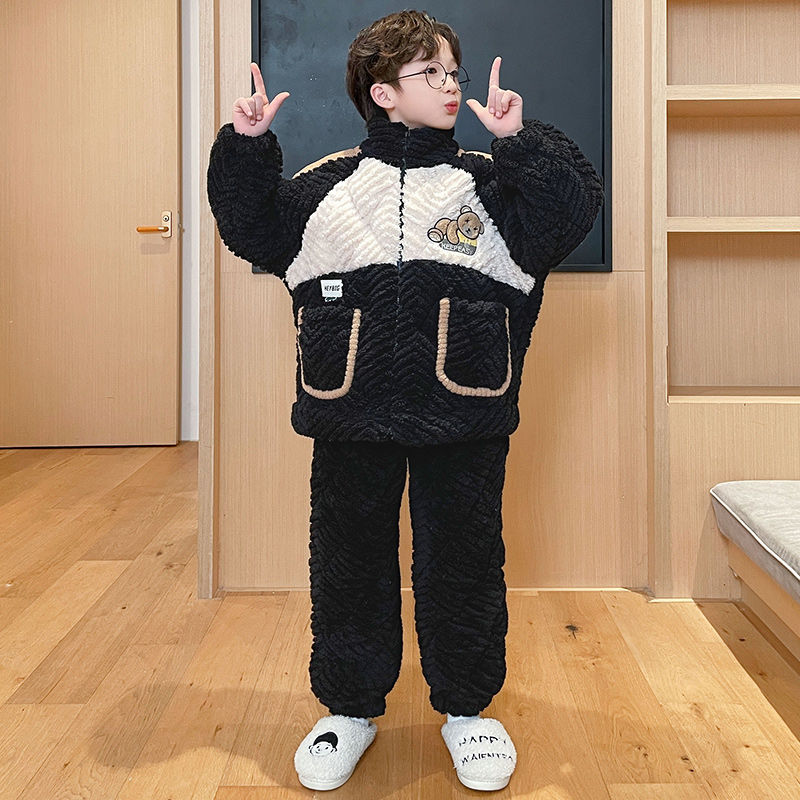 保暖兒童睡衣冬季加絨三層加厚珊瑚絨夾棉襖男童法蘭絨男孩中大童
