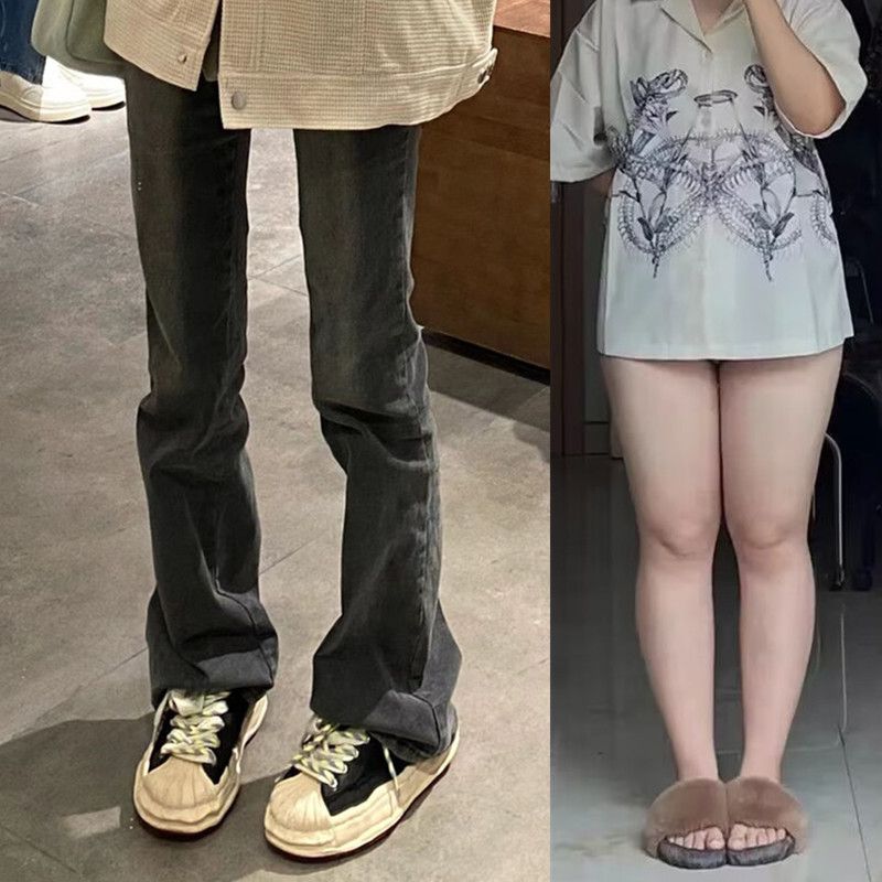 大碼胖mm煙灰色牛仔褲女高腰顯瘦春秋冬復古微喇叭拖地褲子潮ins