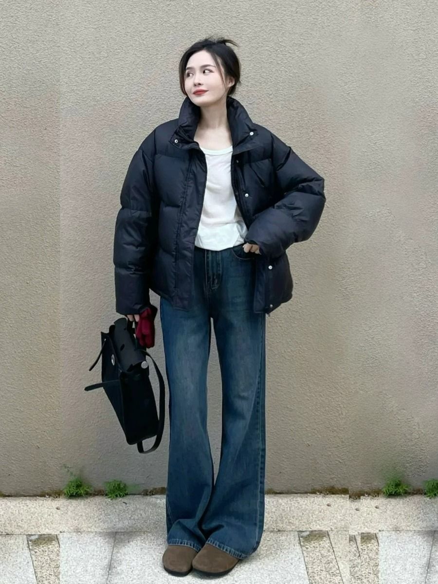 黑色短款羽绒服女小个子2023冬季新韩版加厚宽松白鸭绒面包服外套