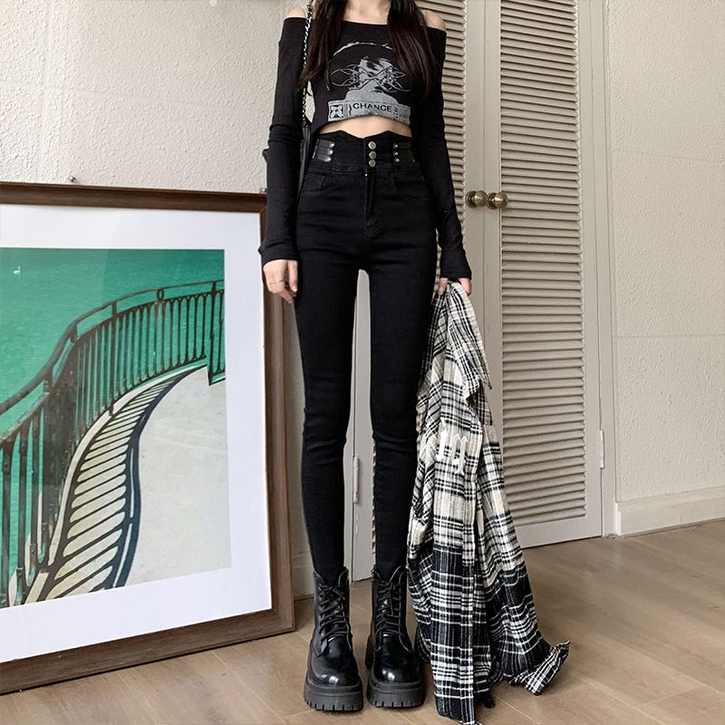 黑色牛仔裤装女装弹力提臀修身紧身铅笔裤2023年高腰时尚设计感