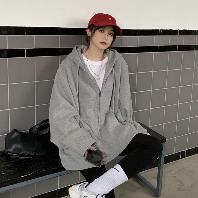 開衫拉鏈灰色外套女春秋季韓版寬鬆oversize休閒簡約ins連帽衛衣