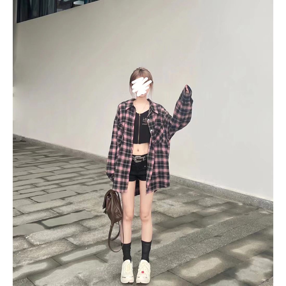 国潮韩版粉色格子衬衣女秋季慵懒风休闲宽松显瘦格子衬衫外套上衣